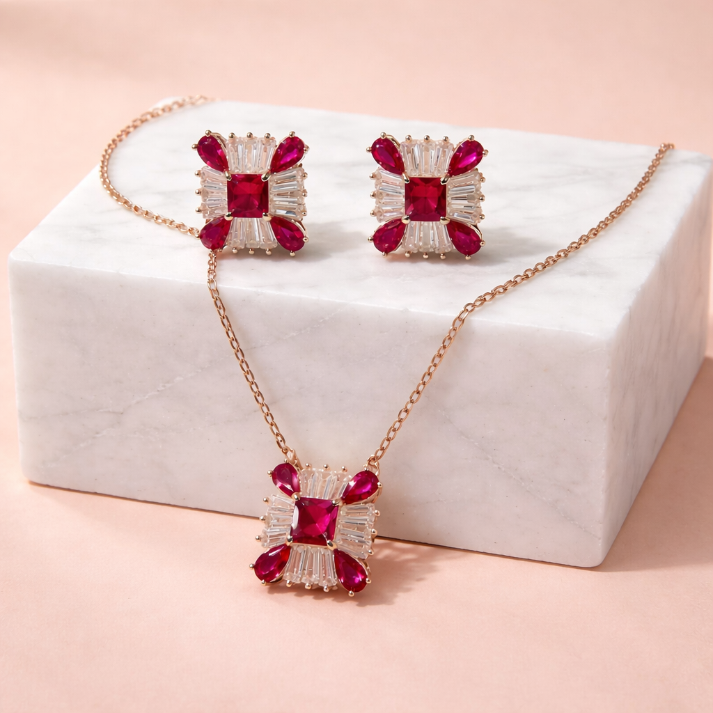 Rose Gold Ruby Floral Pendant Set