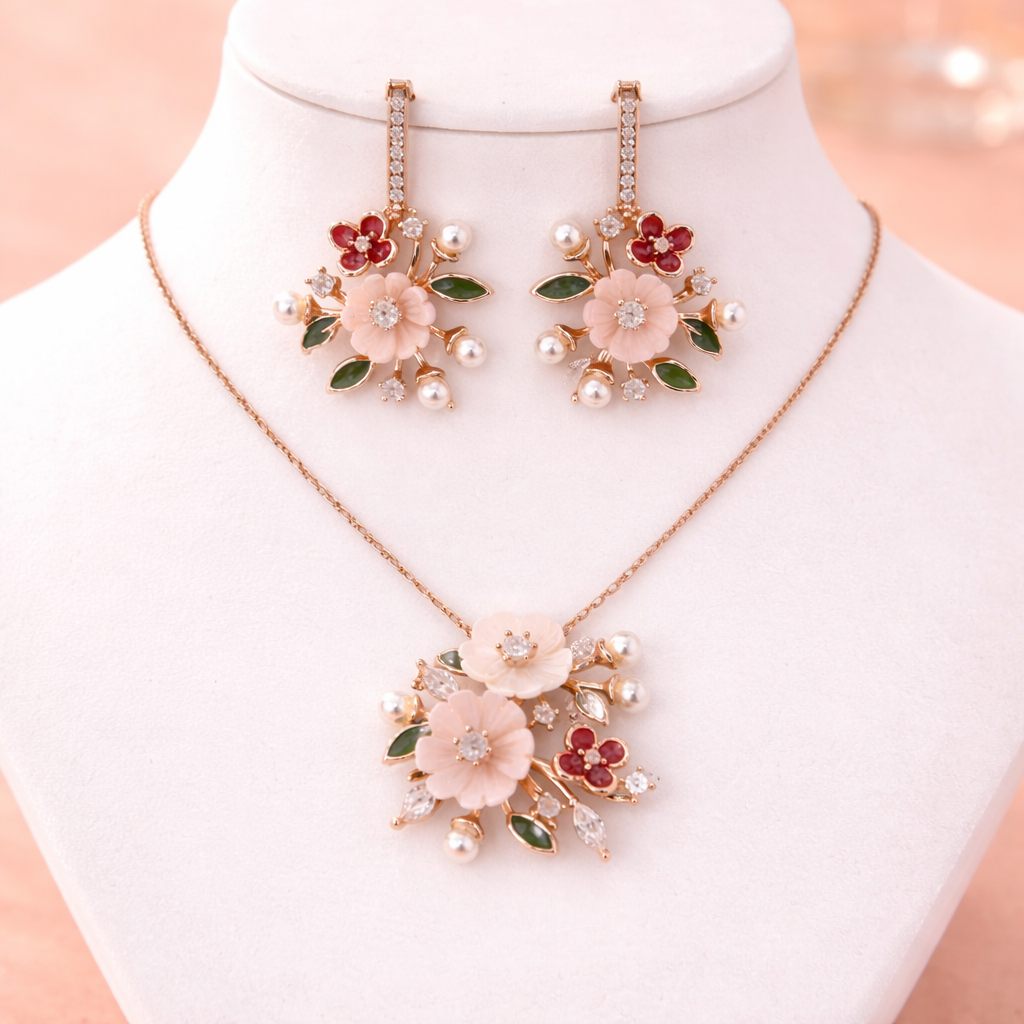MOP Rose Gold Floral Pendant Set