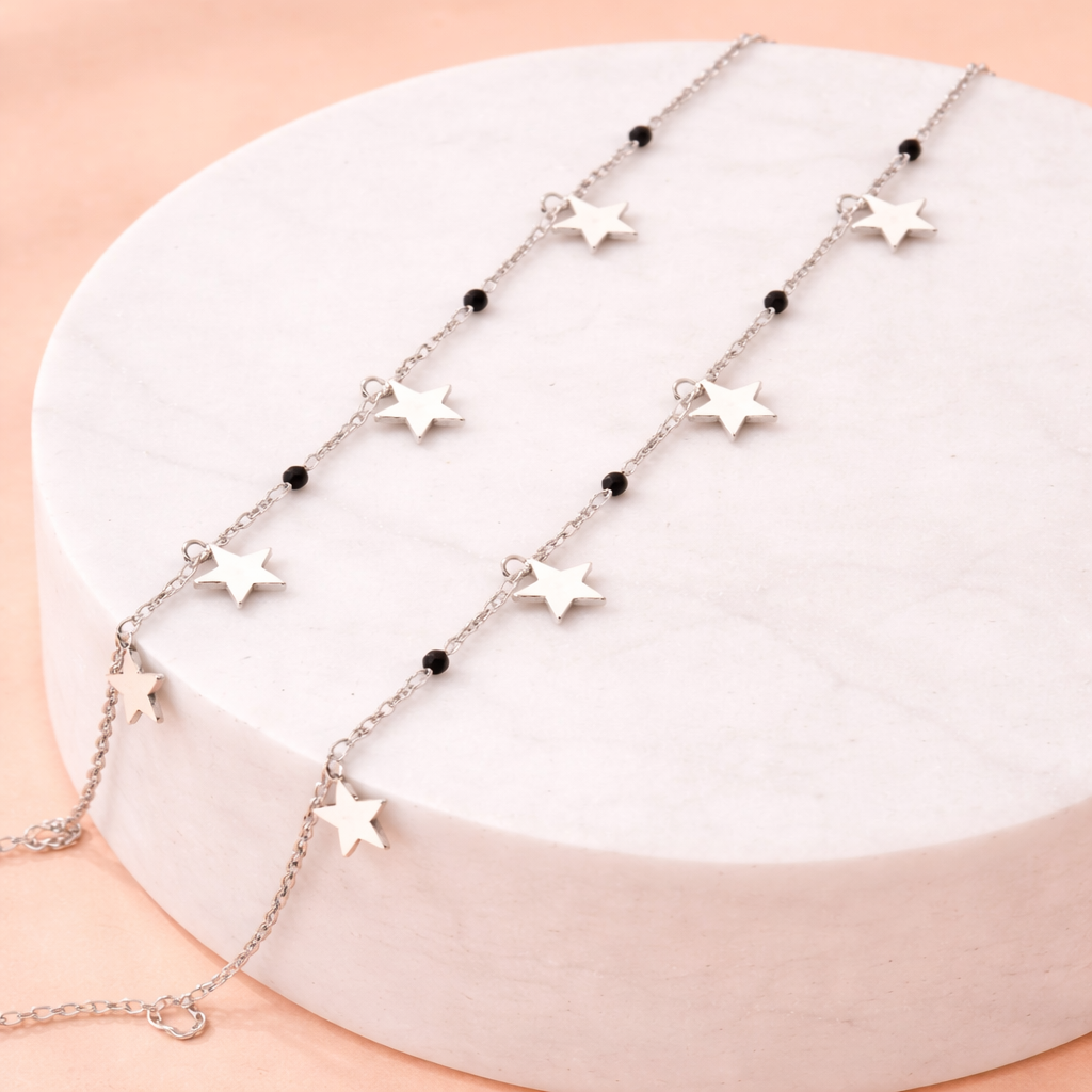 Silver Star Charm Anklet with Black Beads