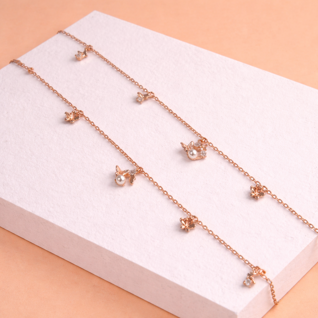 Rose Gold Butterfly Charm Anklet with Pearl & Stone