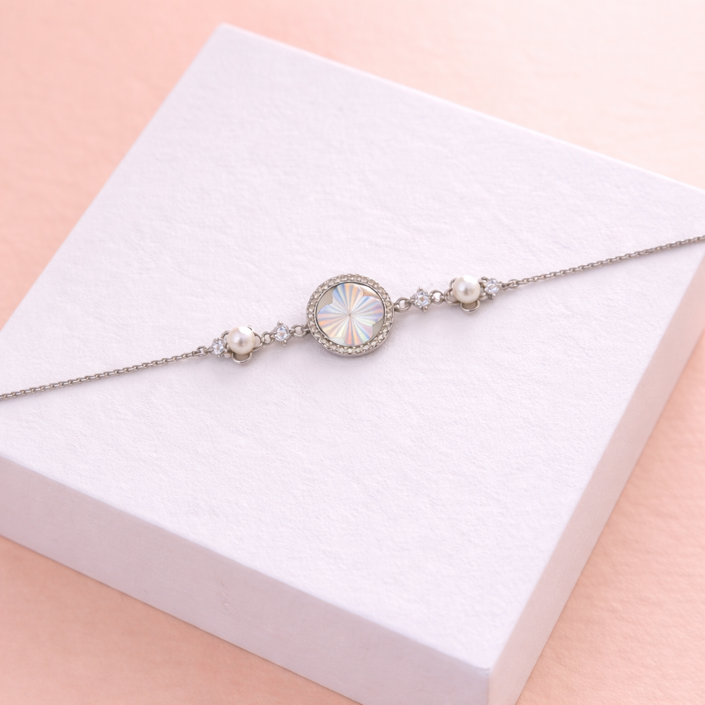 Silver Crystal Disc Pearl Charm Bracelet