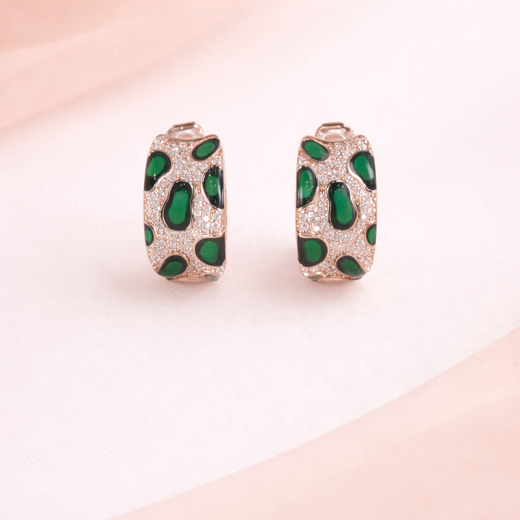 Green Enamel Leopard Hoop Earrings
