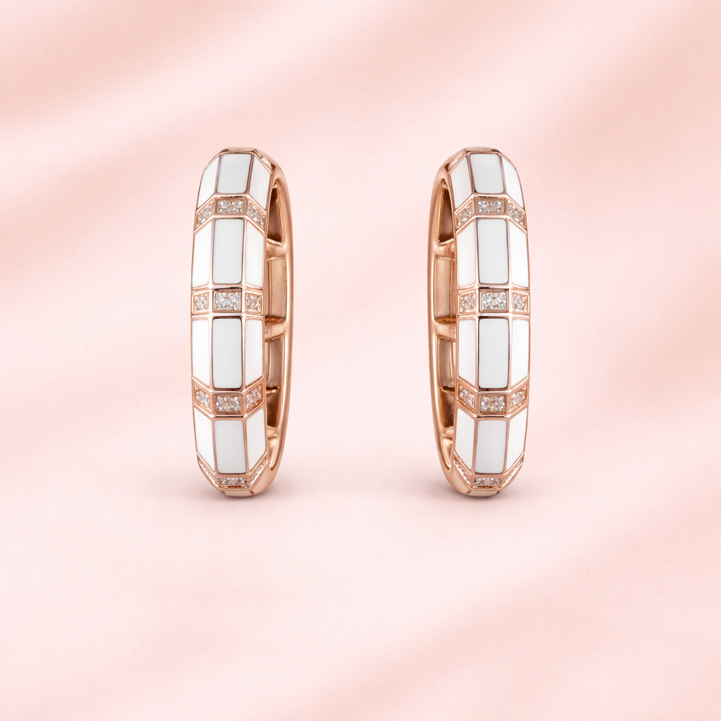 White Enamel Rose Gold Hoop Earrings