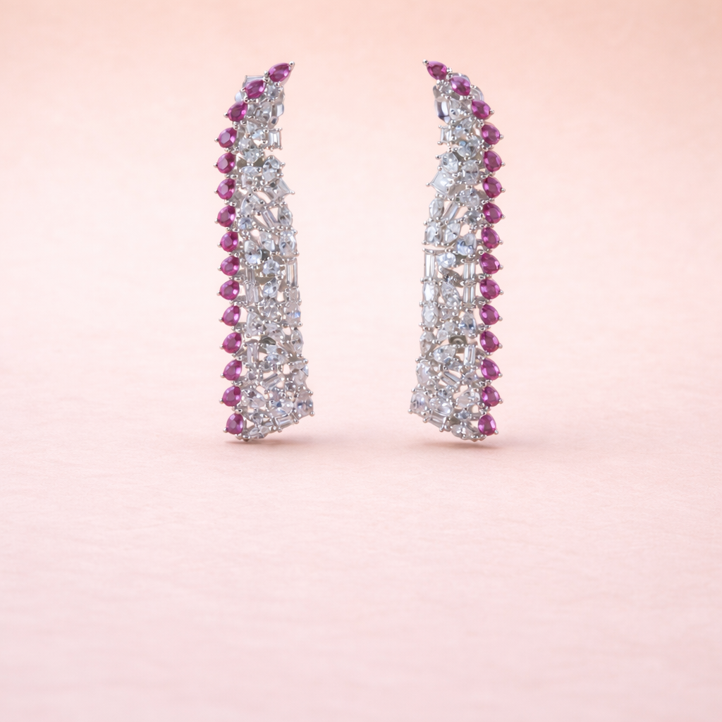 Silver Ruby & Diamond-Cut Long Dangle Earrings