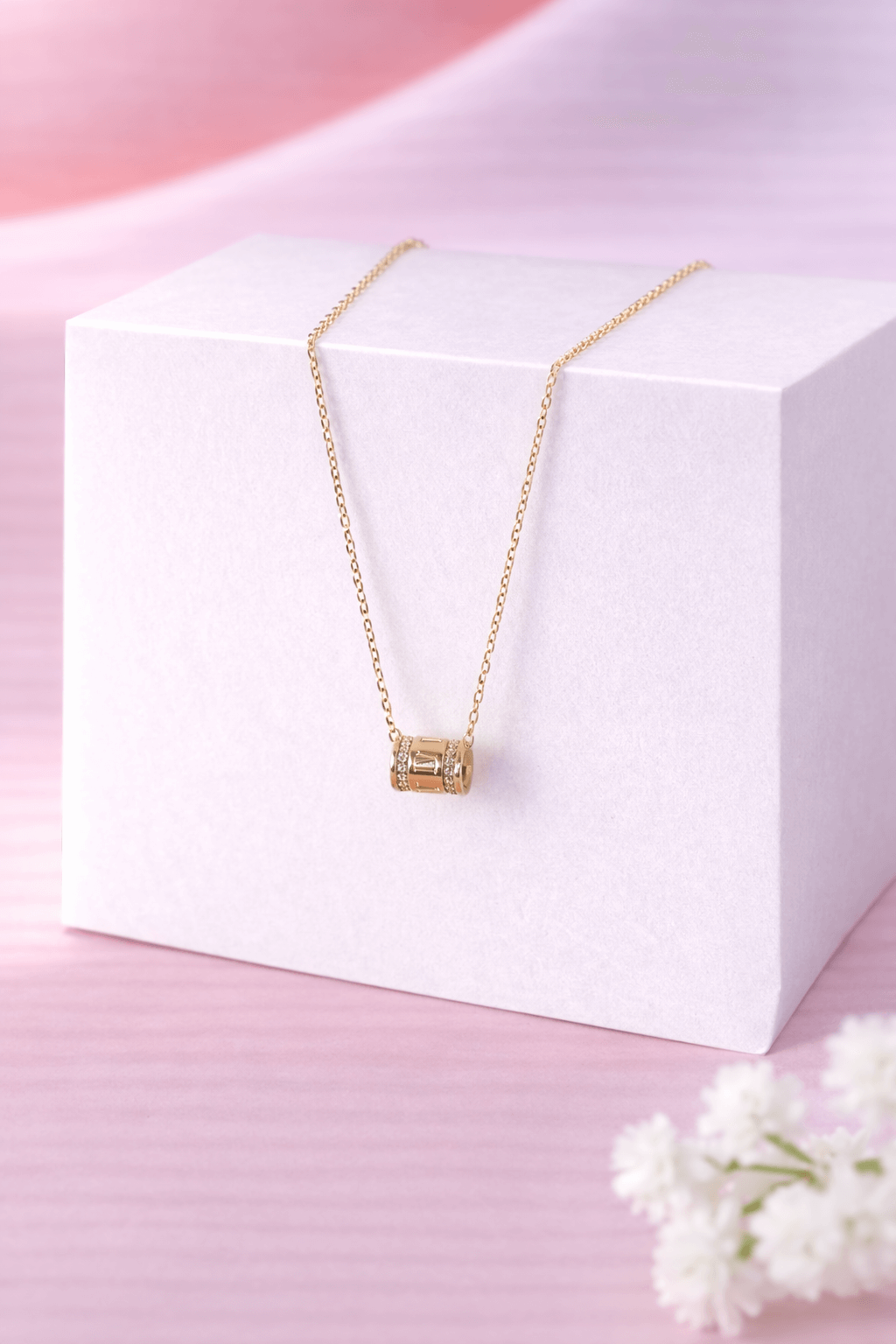 Gold Barrel Charm Pendant Necklace