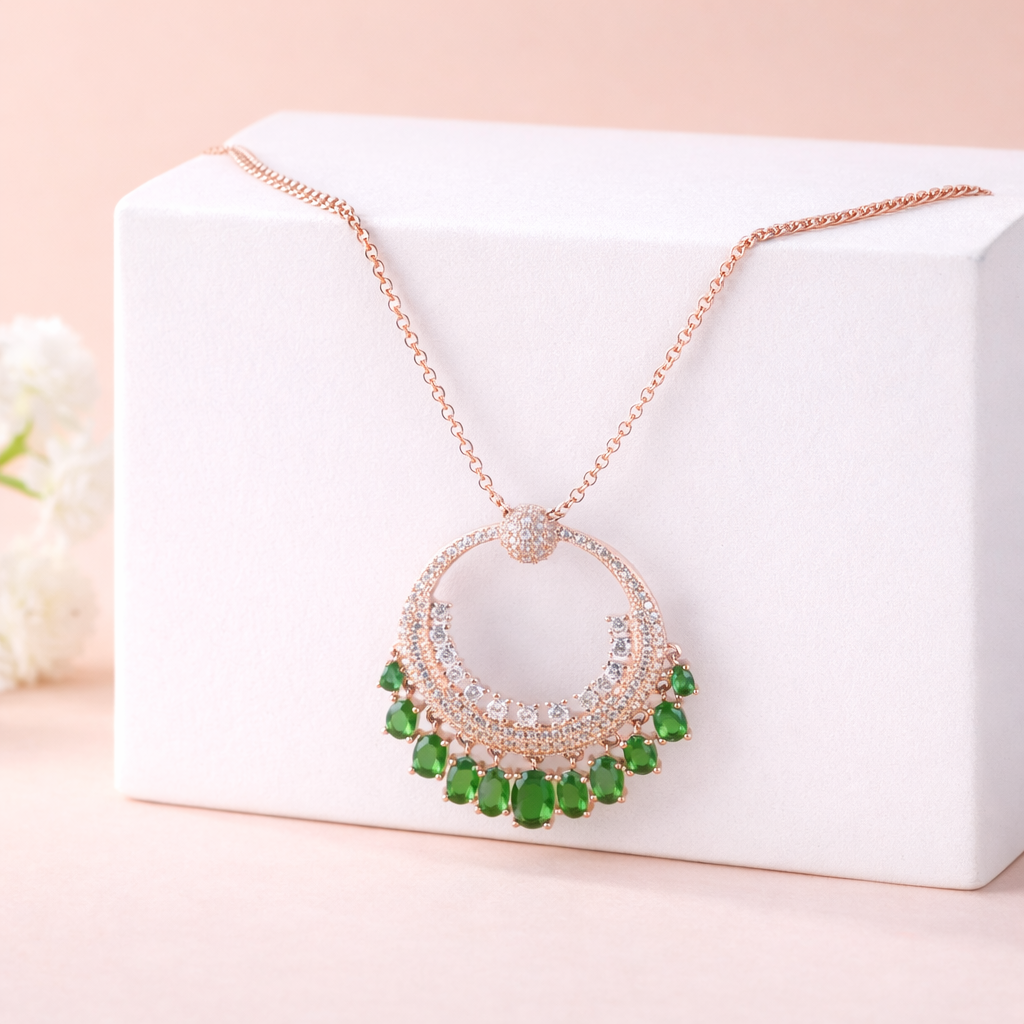 Royal Green Stone Crescent Pendant Necklace