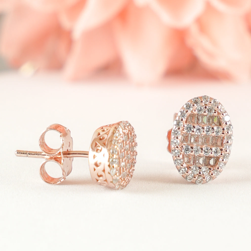 Rose Gold Oval Grid CZ  Stud Earrings