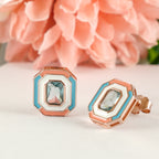 Rose Gold Aqua Enamel Octagon Studs