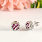 Silver Round Ruby Stripe Stud Earrings