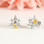 Silver Colorful Daisy Flower CZ Earrings
