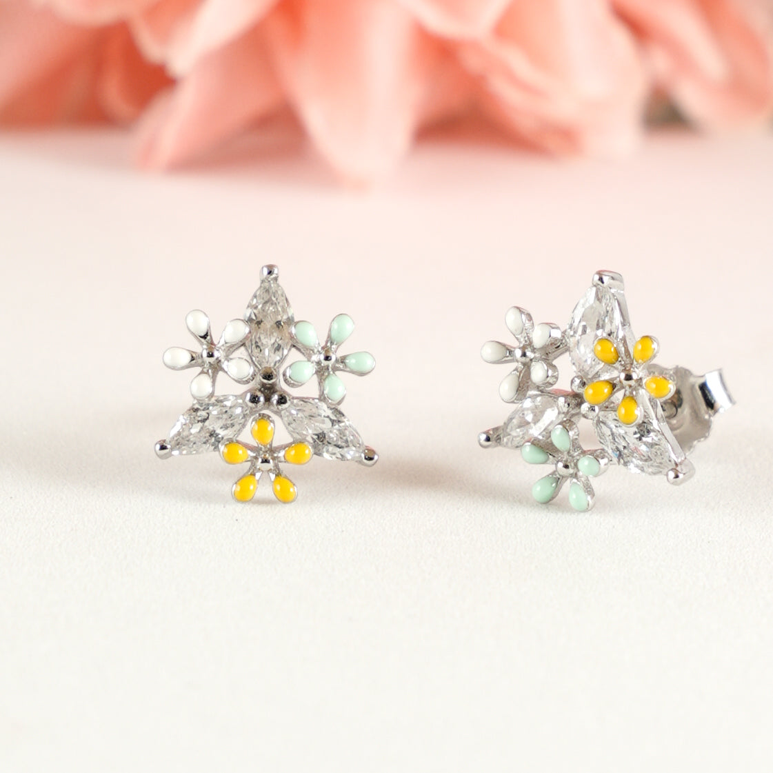 Silver Colorful Daisy Flower CZ Earrings