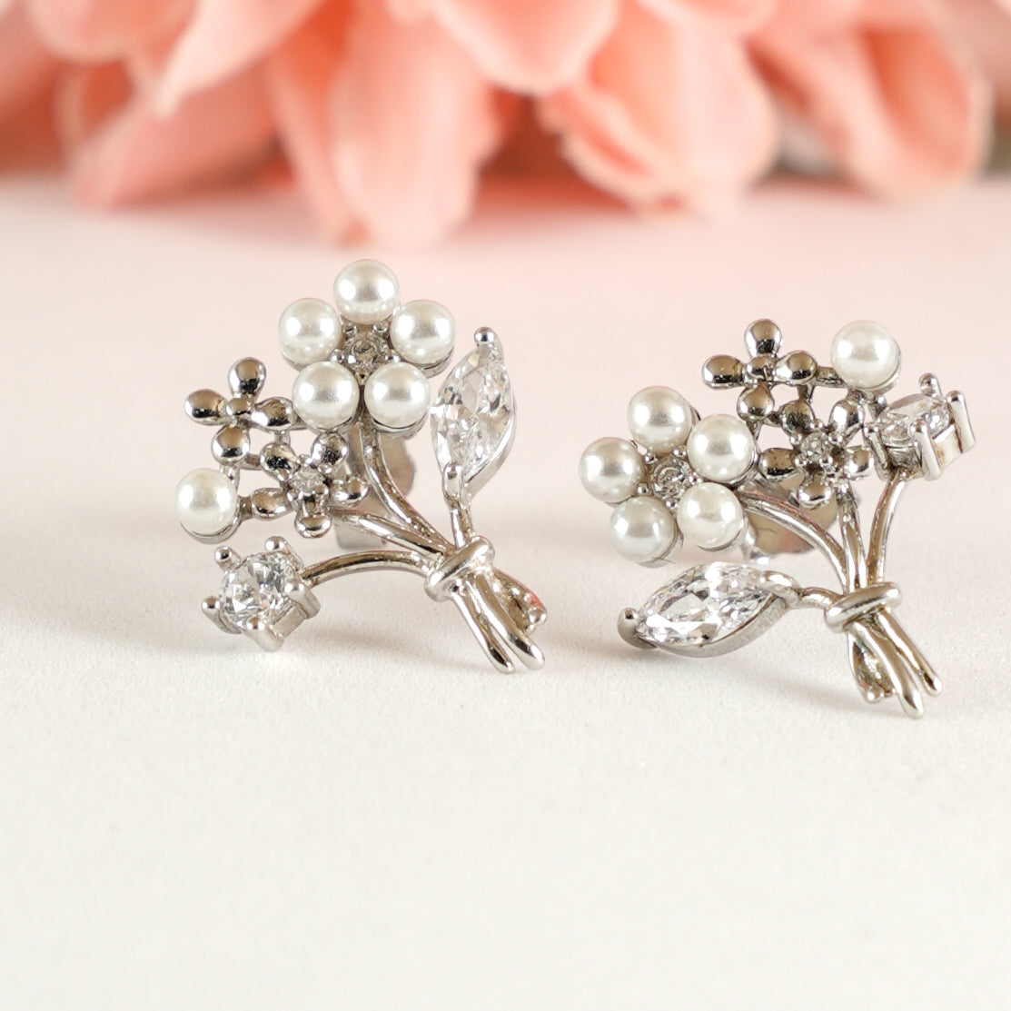 Silver Pearl Bouquet Stud Earrings