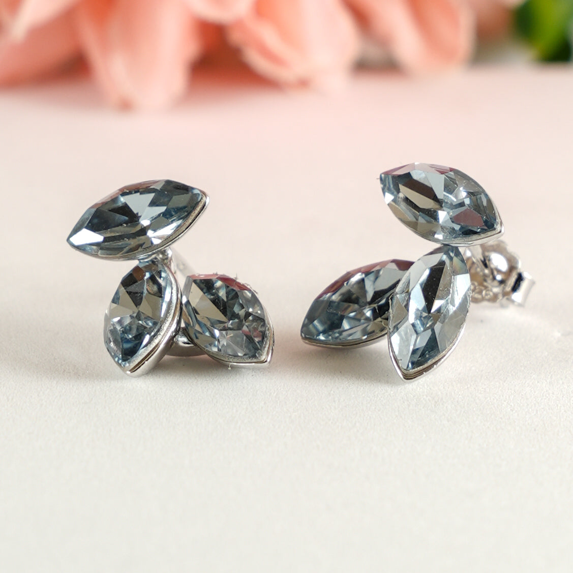 Silver Blue Leaf Crystal Stud Earrings