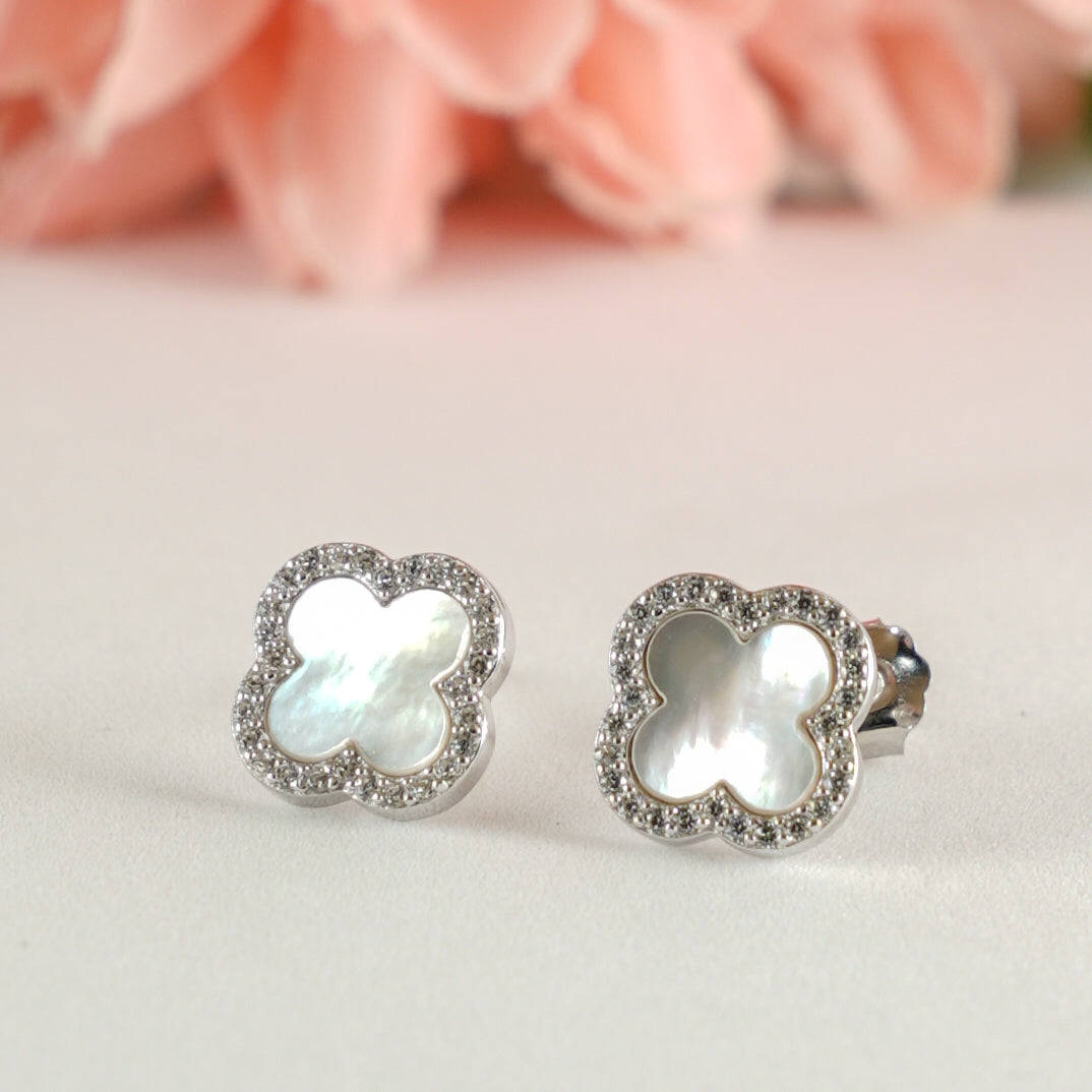 Silver Mother of Pearl Clover Stud Earrings
