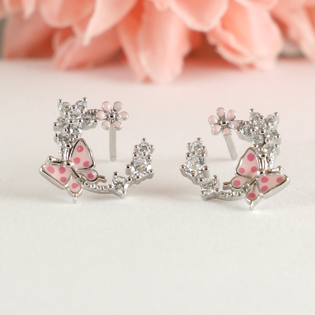 Silver Enamel Pink Butterfly & Flower Stud Earrings
