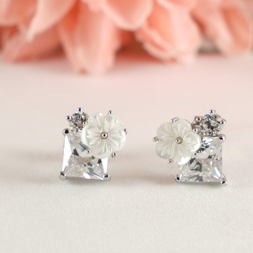 White Floral & Princess-Cut MOP Stud Earrings