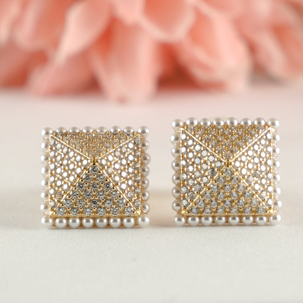 Golden Pyramid Pearl Stud Earrings