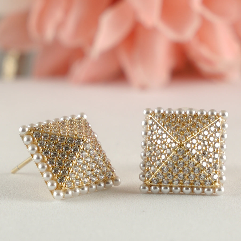Golden Pyramid Pearl Stud Earrings