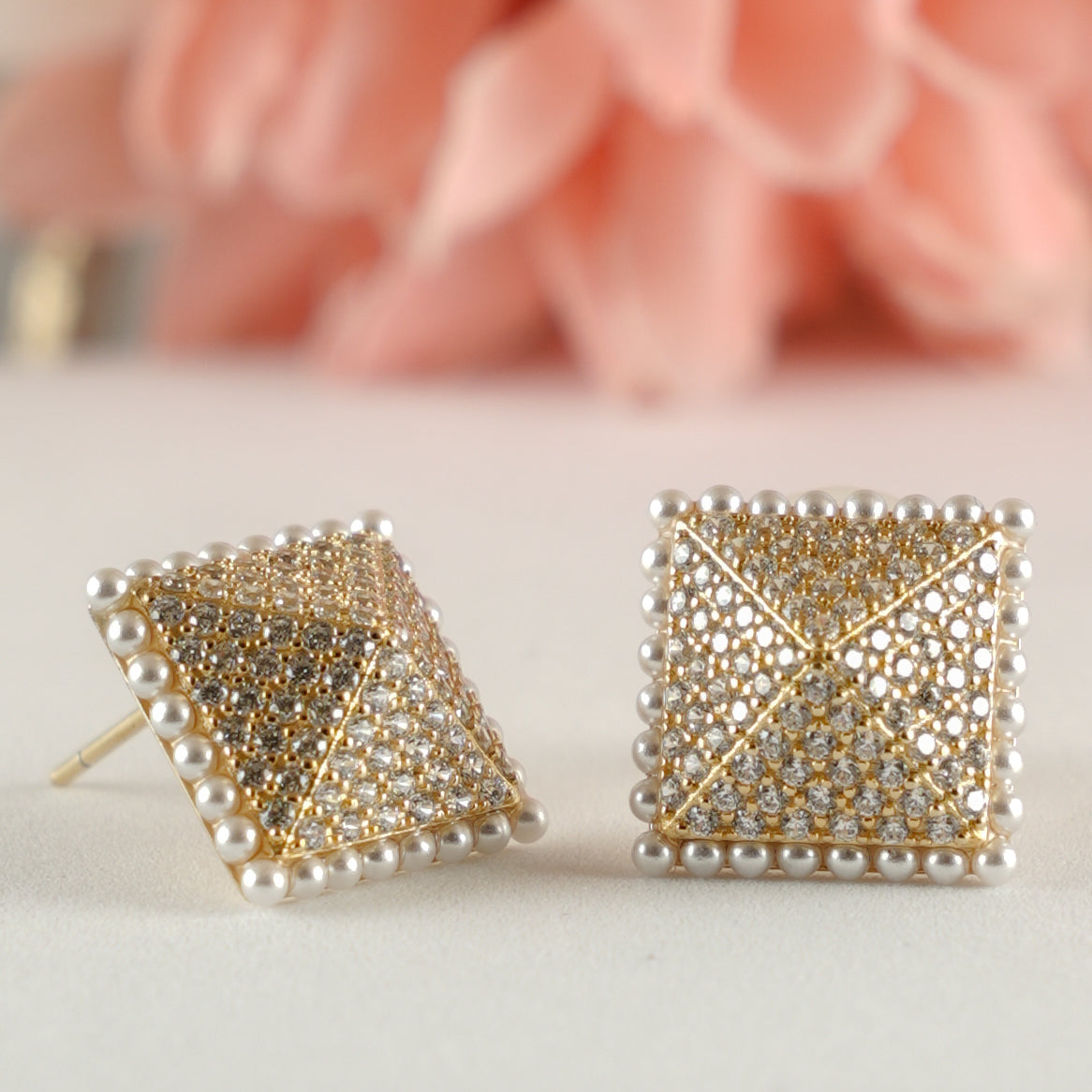 Golden Pyramid Pearl Stud Earrings