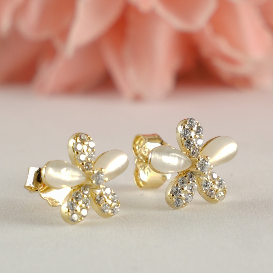 Gold Floral Pearl Stud Earrings
