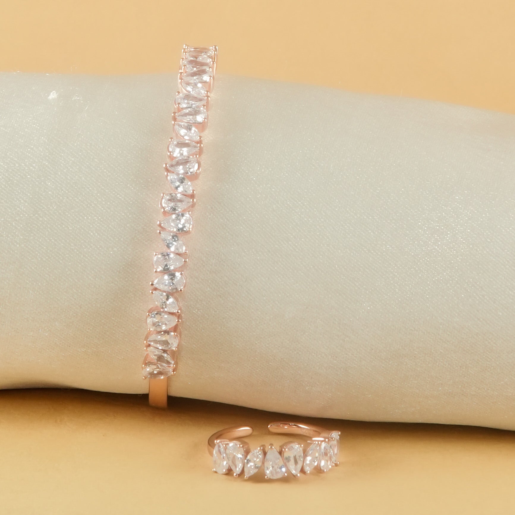 Teardrop Sparkle Openable Kada & Ring Set in 925 Silver with Rose Gold Finish