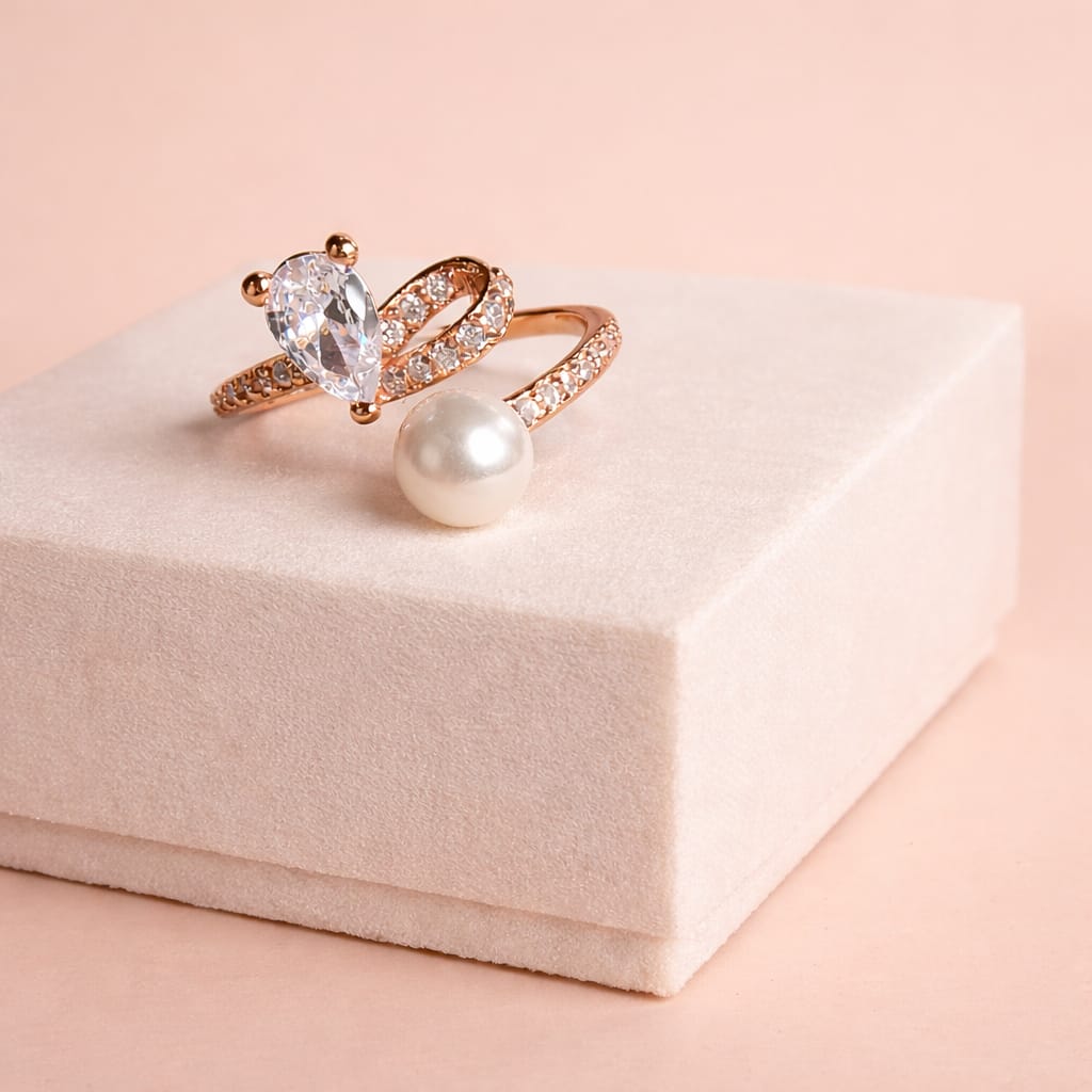 Rose Gold Pearl & Teardrop Stone Ring for Women