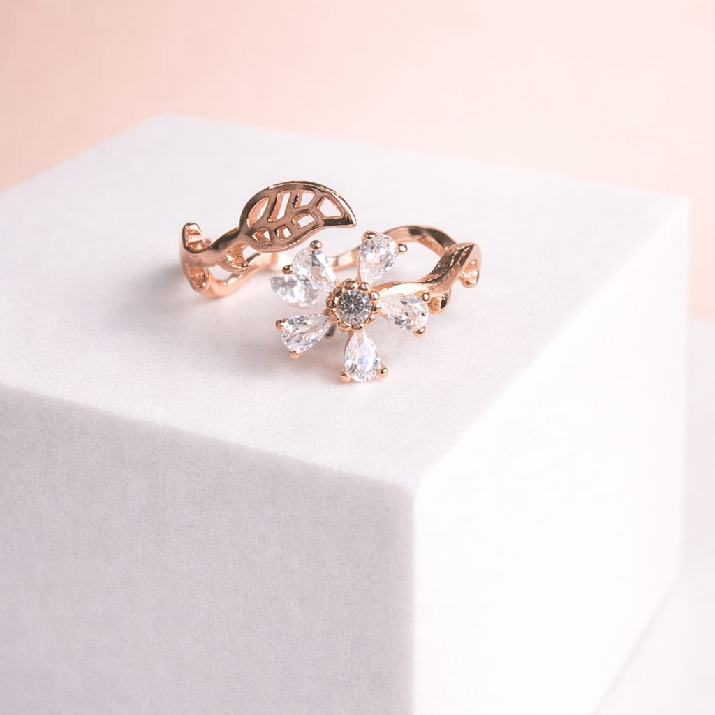 Rose Gold Floral Leaf Adjustable Ring for Women