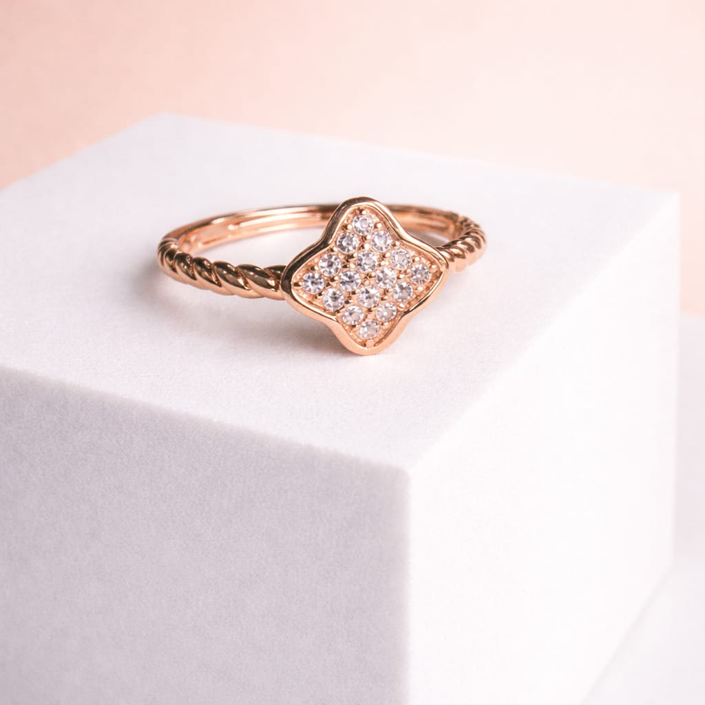 Rose Gold Clover Stone Studded Ring for Women