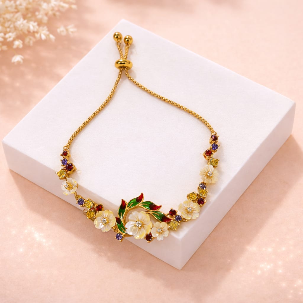 Gold-Plated Floral Enamel MOP Bracelet