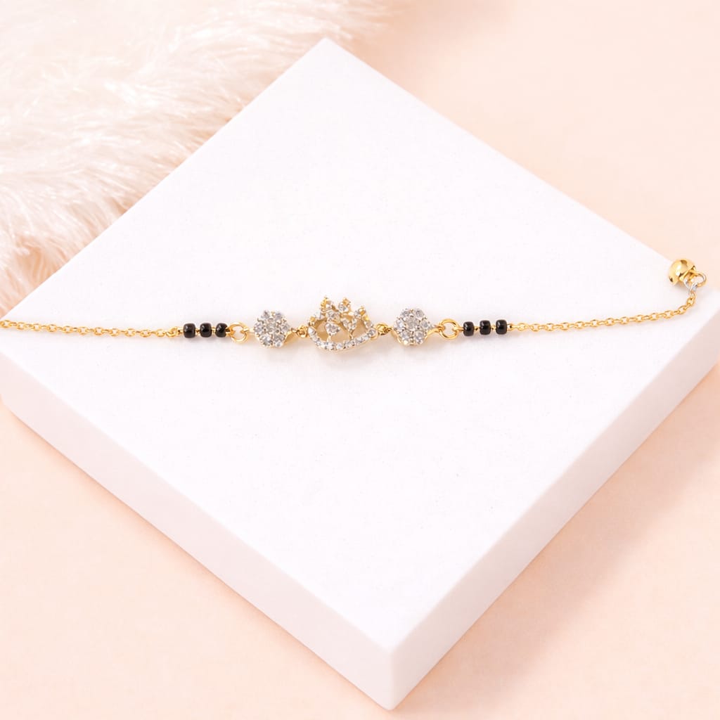 Gold-Plated Crown Charm Black Beads Bracelet