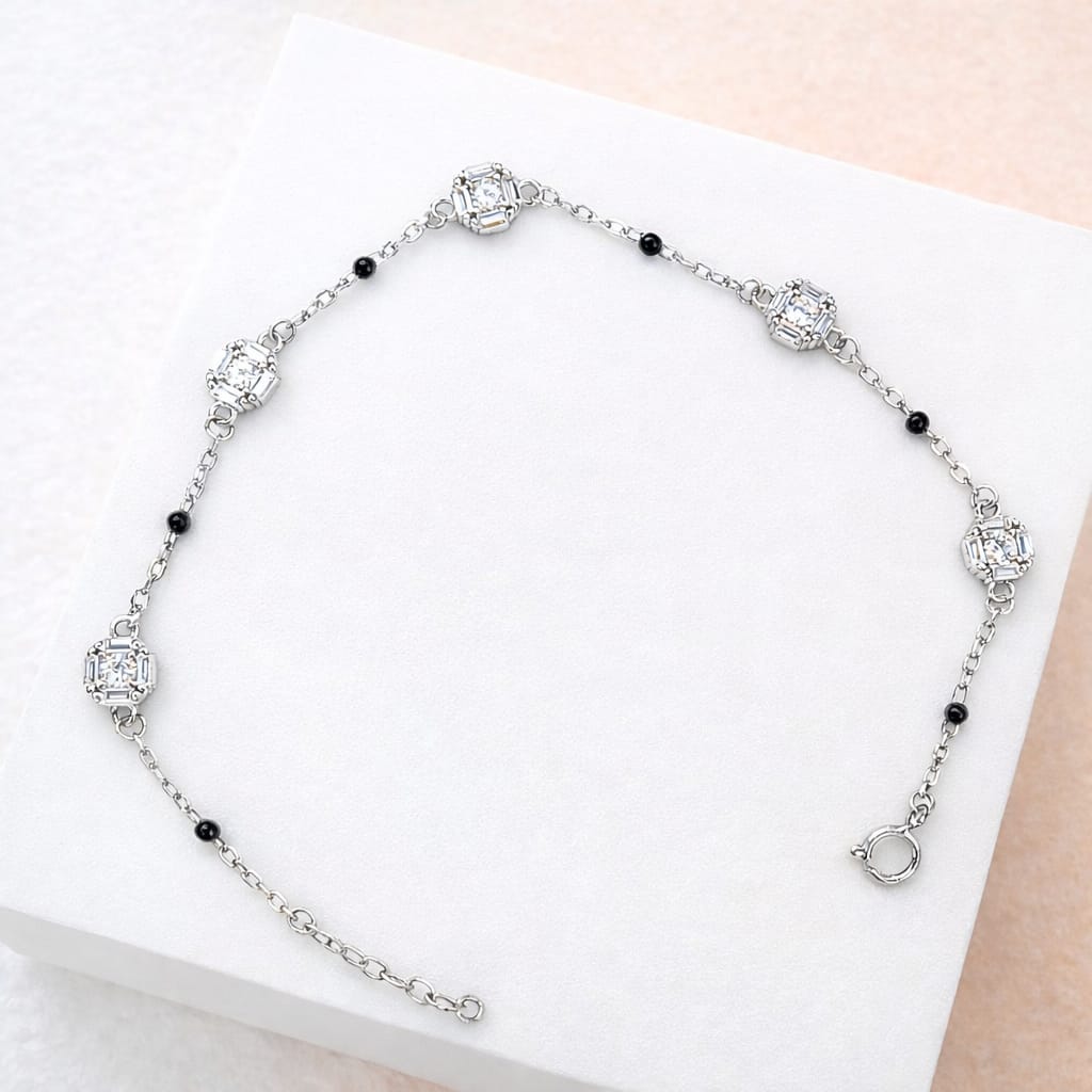 Silver Geometric Crystal  Black Beads Bracelet