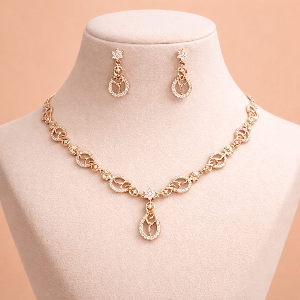 Rose Gold Crystal Link Necklace with Drop Earrings