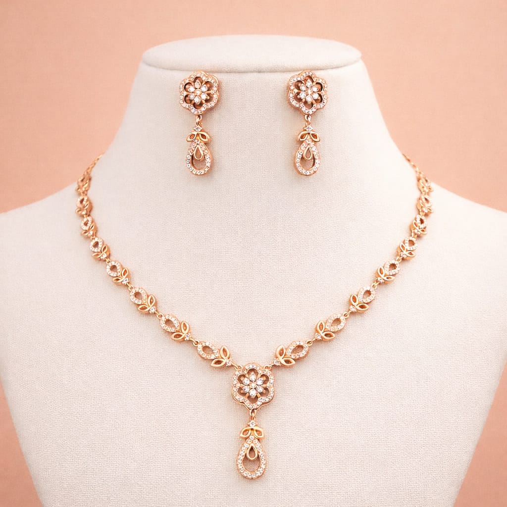 Rose Gold Floral Crystal Necklace with Drop Earrings