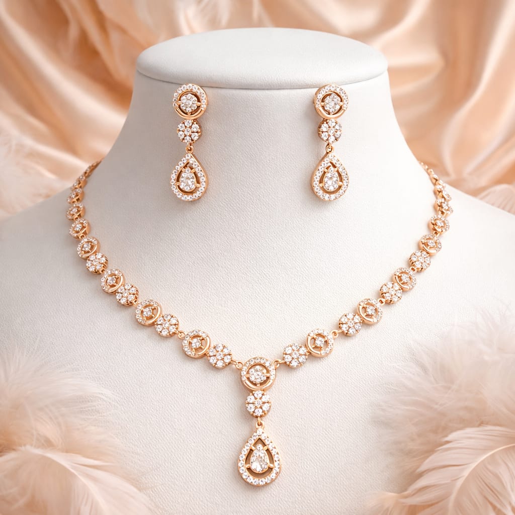 Rose Gold Floral Crystal Necklace with Drop Earrings