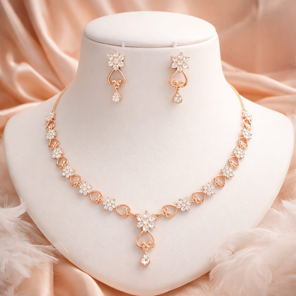 Rose Gold Floral Crystal Necklace with Drop Earrings