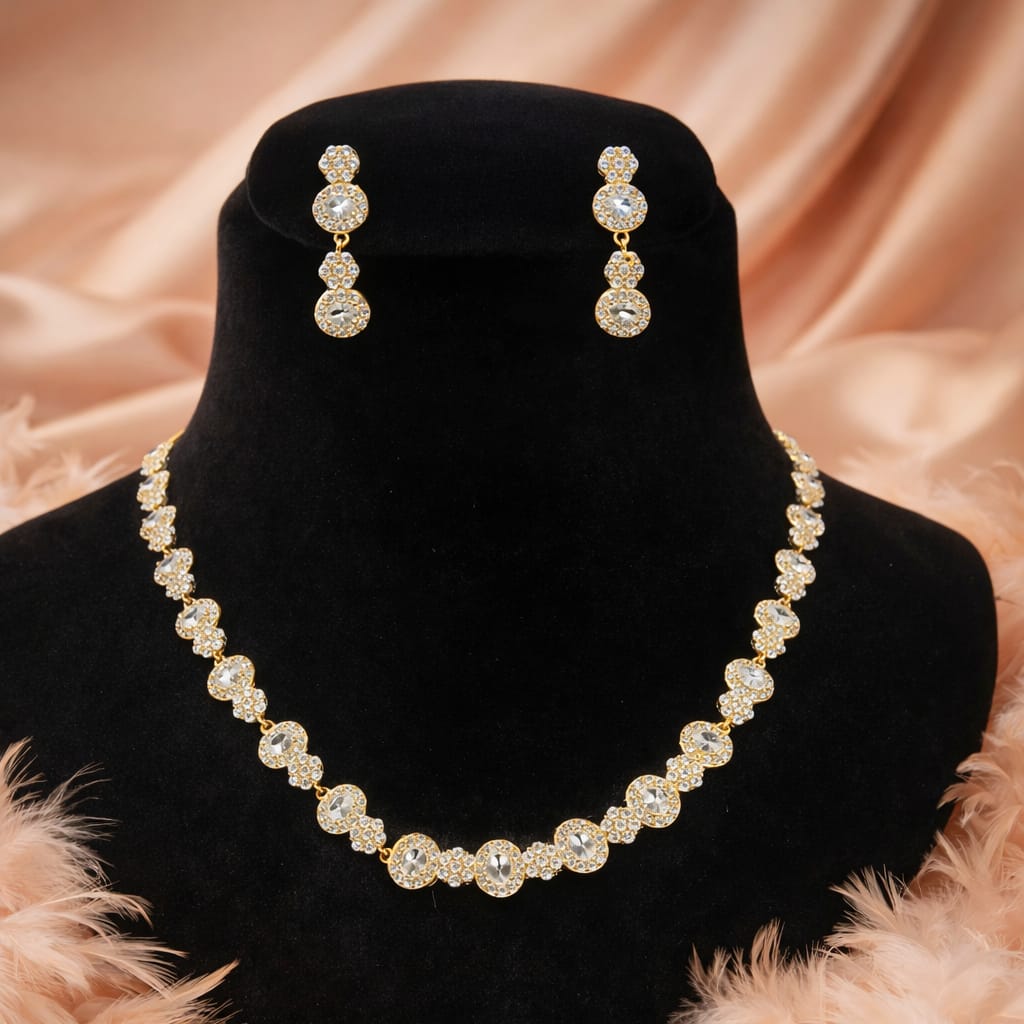 Gold Crystal Floral Necklace with Matching Drop Earrings