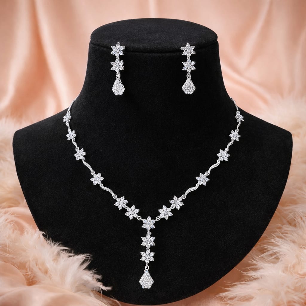 Silver  Floral Crystal Necklace with Drop Earrings