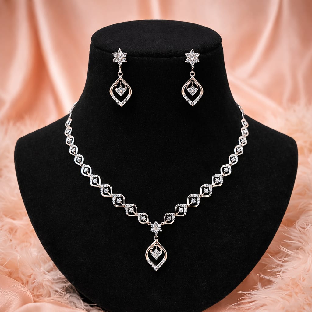 Silver Geometric Crystal Necklace with Drop Earrings