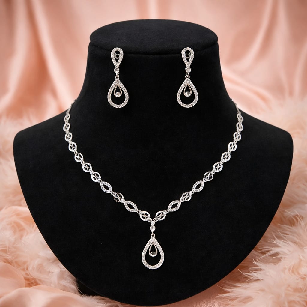 Silver eardrop Crystal Necklace with Matching Earrings