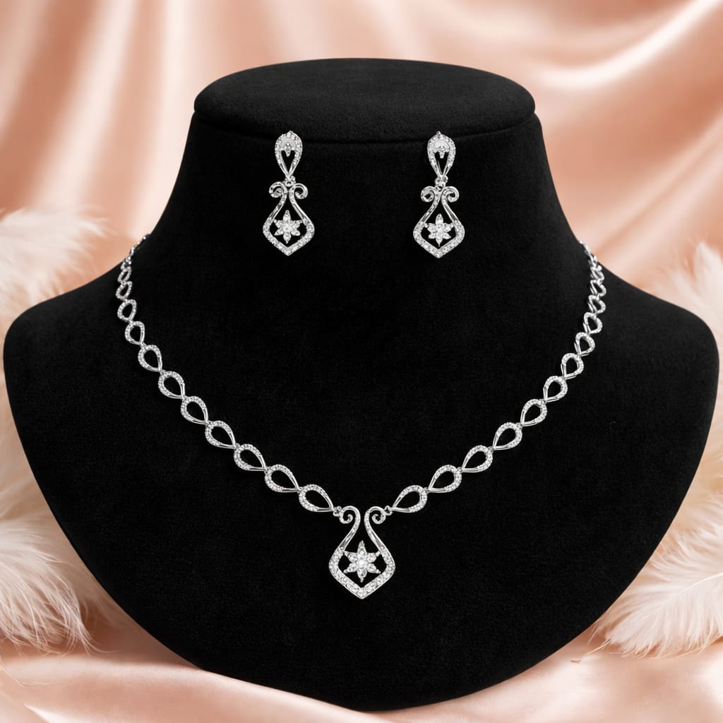 Silver Crystal Necklace with Floral Pendant