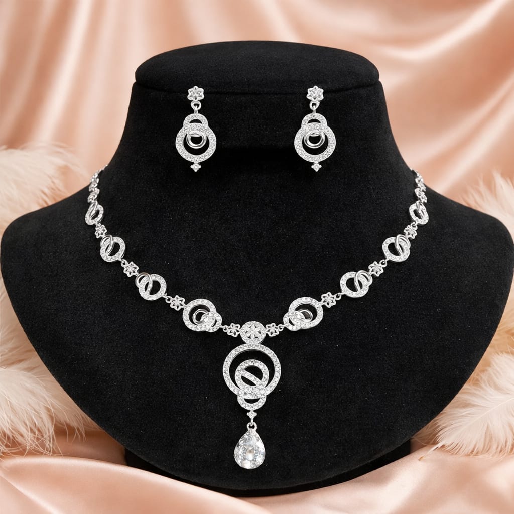 Silver Crystal Necklace with Circular Pendant