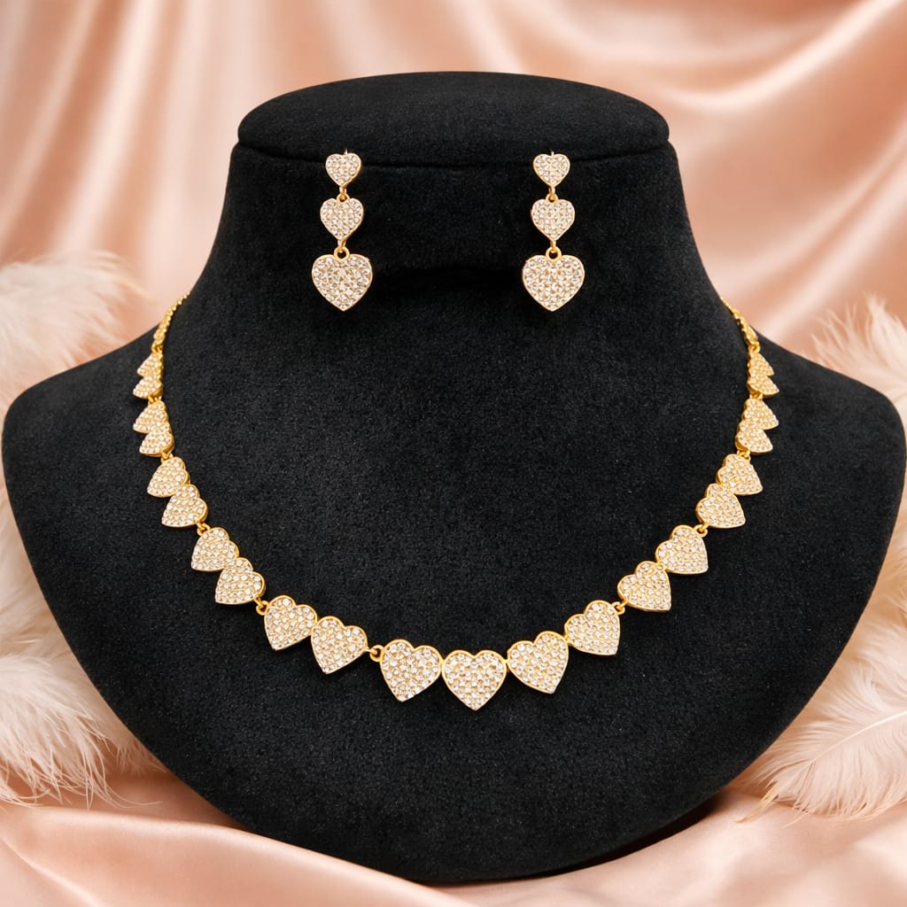 Gold Crystal Heart Necklace with Matching Drop Earrings