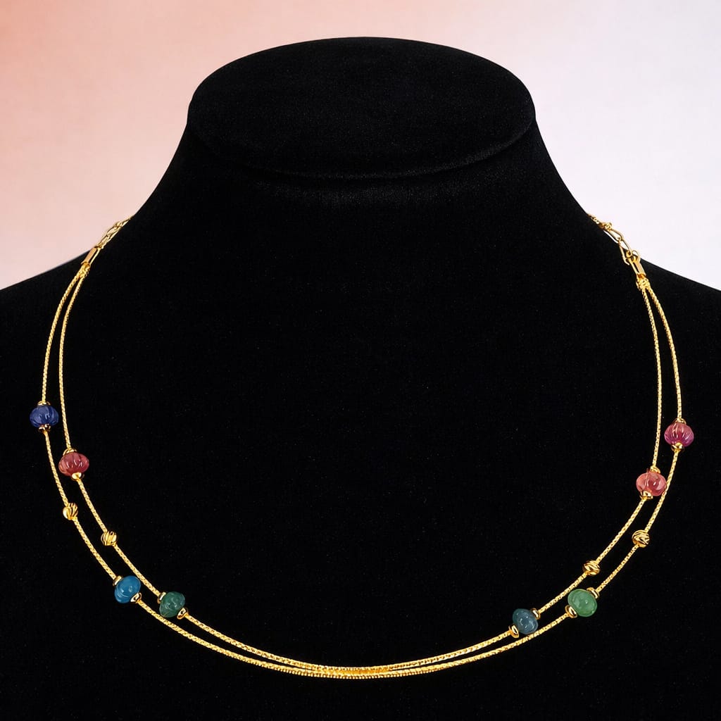 Gold-Tone Dual Chain Multicolor Beaded  Hasli Necklace
