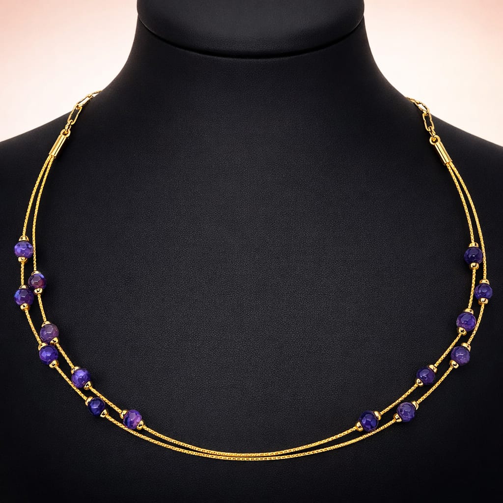 Gold-Tone Dual Chain Purple Beaded Hasli Necklace