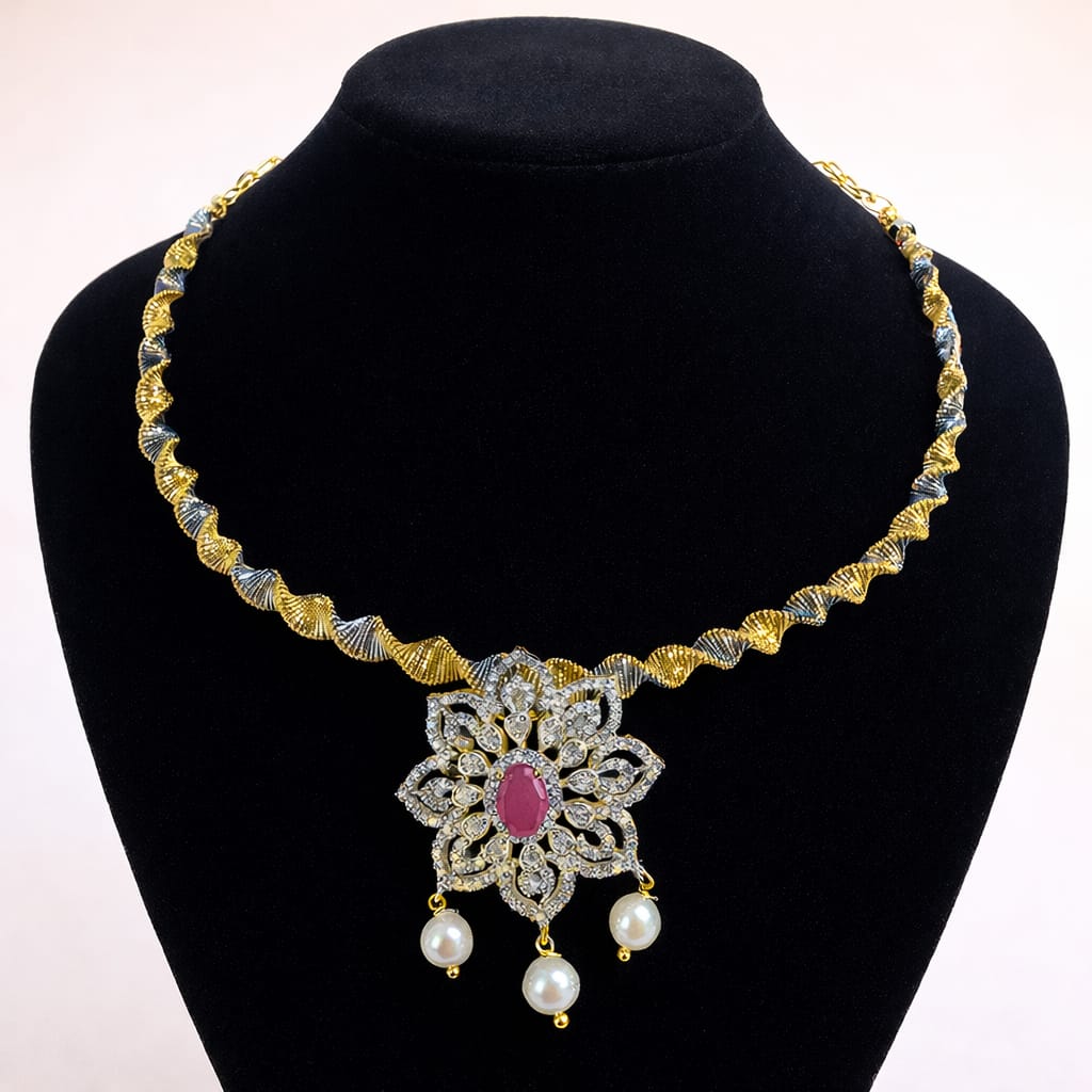 Dual-Tone Designer Pendant Hasli Necklace with Ruby Accent