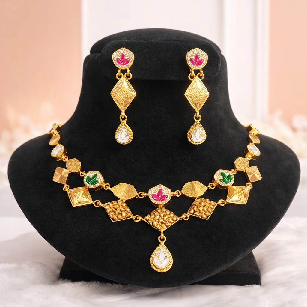 Statement Gold-Finish Geometric Necklace & Earring Set