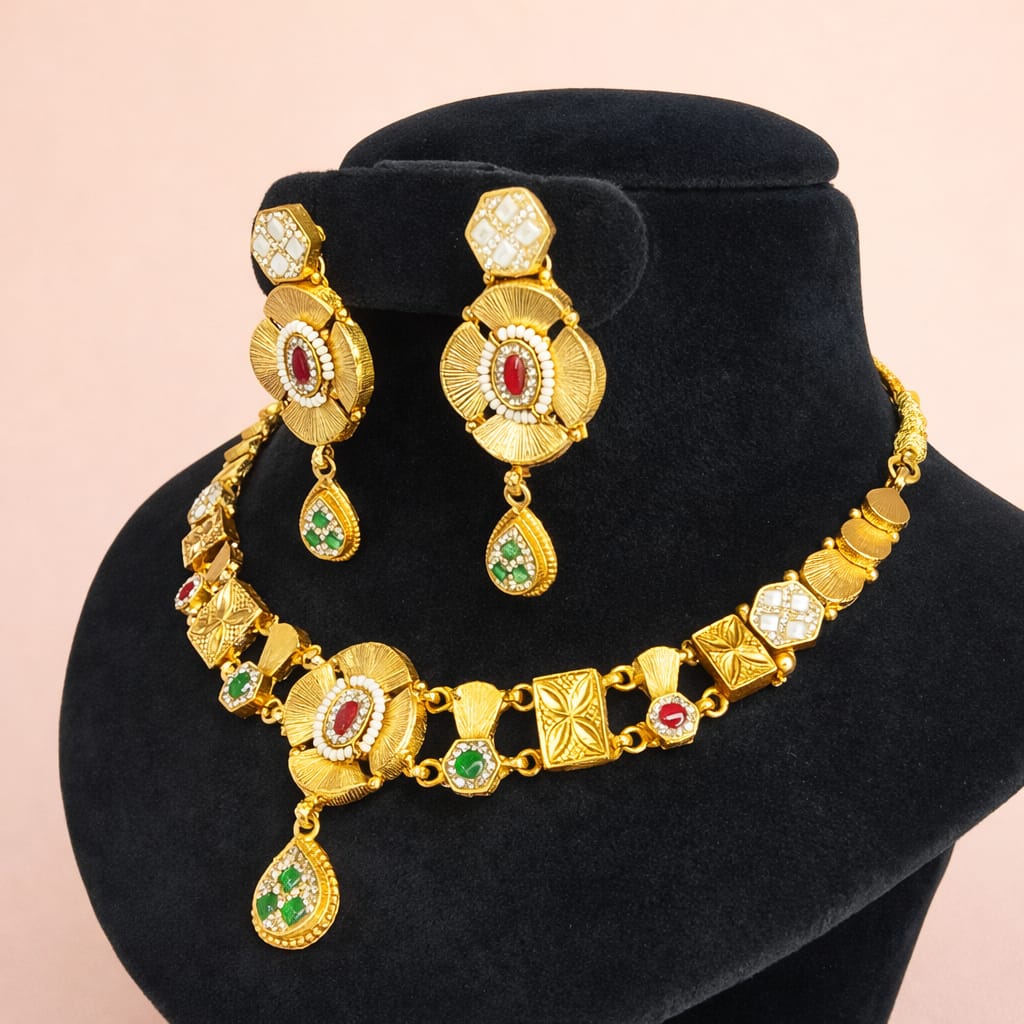 Gold-Tone Traditional Floral Necklace Set with Multicolor Stones