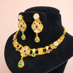 Gold-Tone Traditional Floral Necklace Set with Multicolor Stones