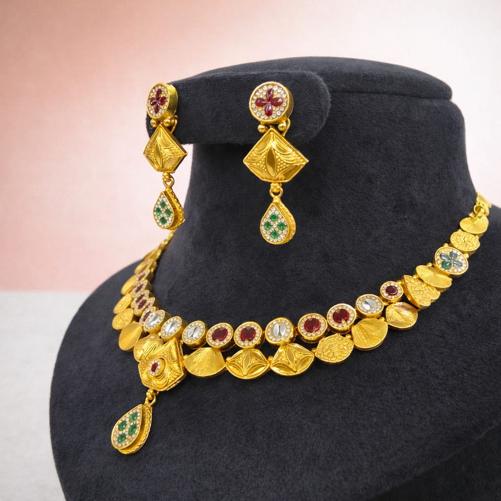 Royal Heritage Gold Finish Necklace Set with Red & Green Stone Accents