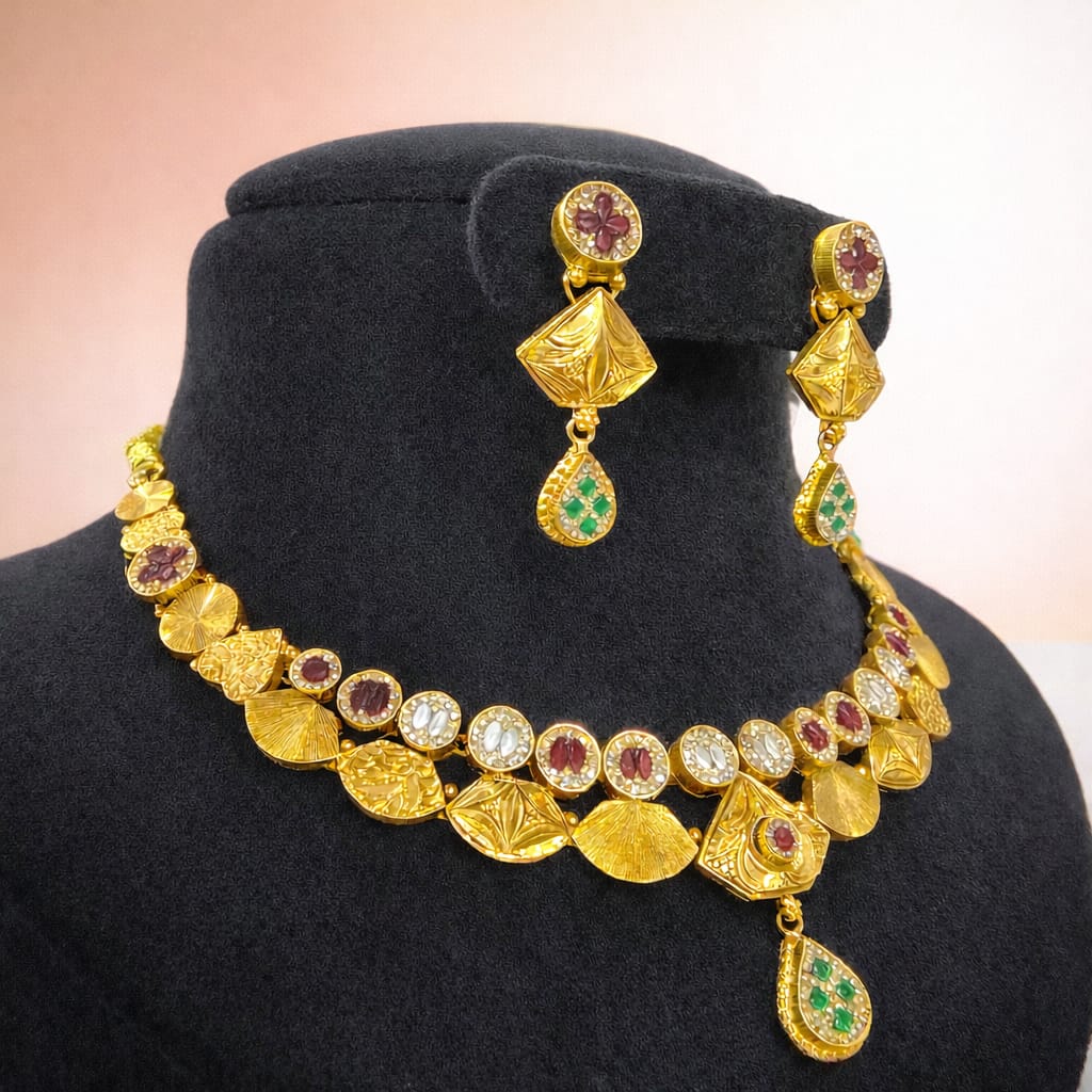 Royal Heritage Gold Finish Necklace Set with Red & Green Stone Accents